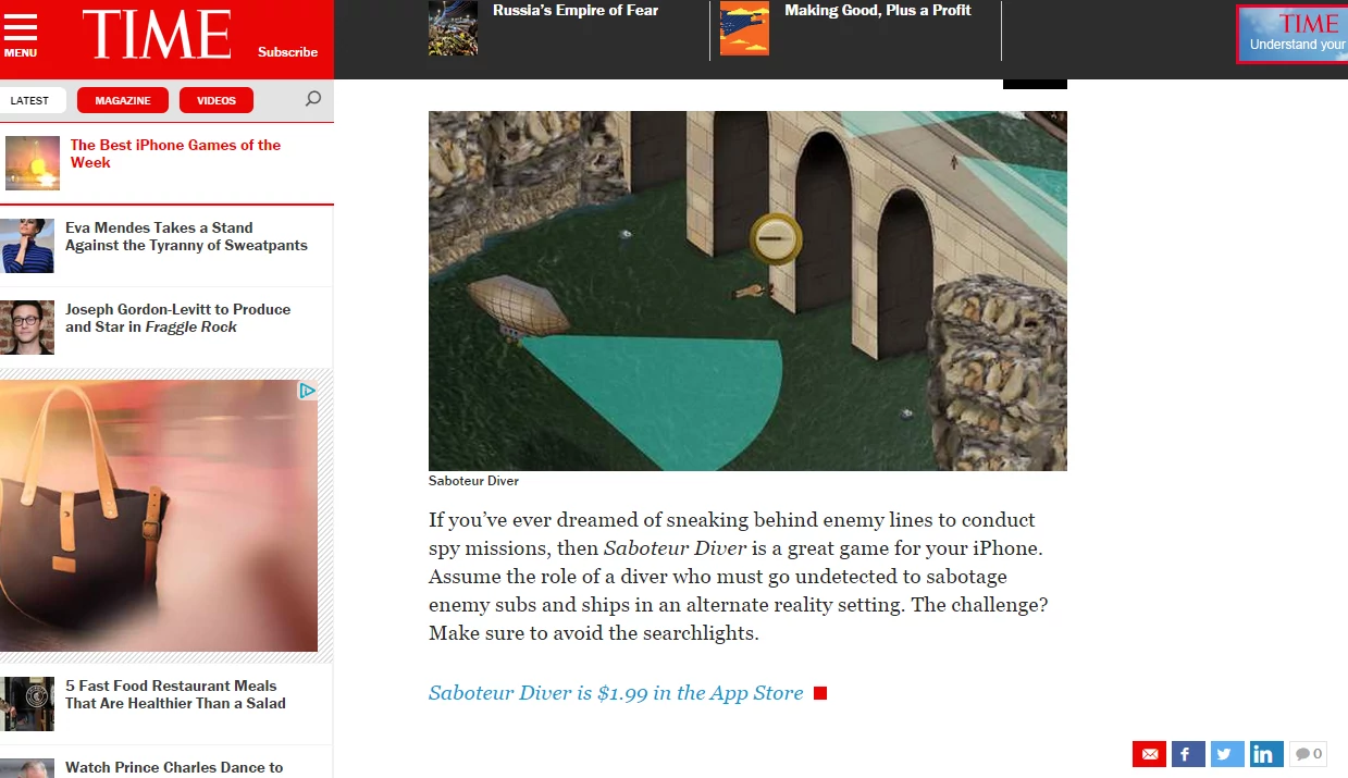 Saboteur Diver has been featured in “The Best iPhone Games of the Week” at Time.com